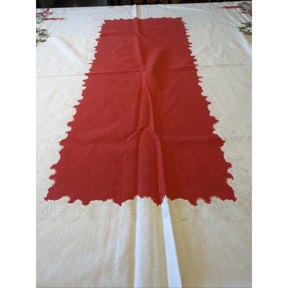 Vtg Mid-Century Modern Christmas Tablecloth Wreath Candles Holly 64